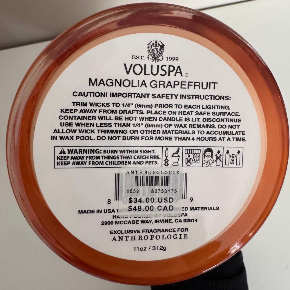 Voluspa Magnolia Grapefruit Scented Fragrance Candle Anthropologie New - Picture 3 of 4